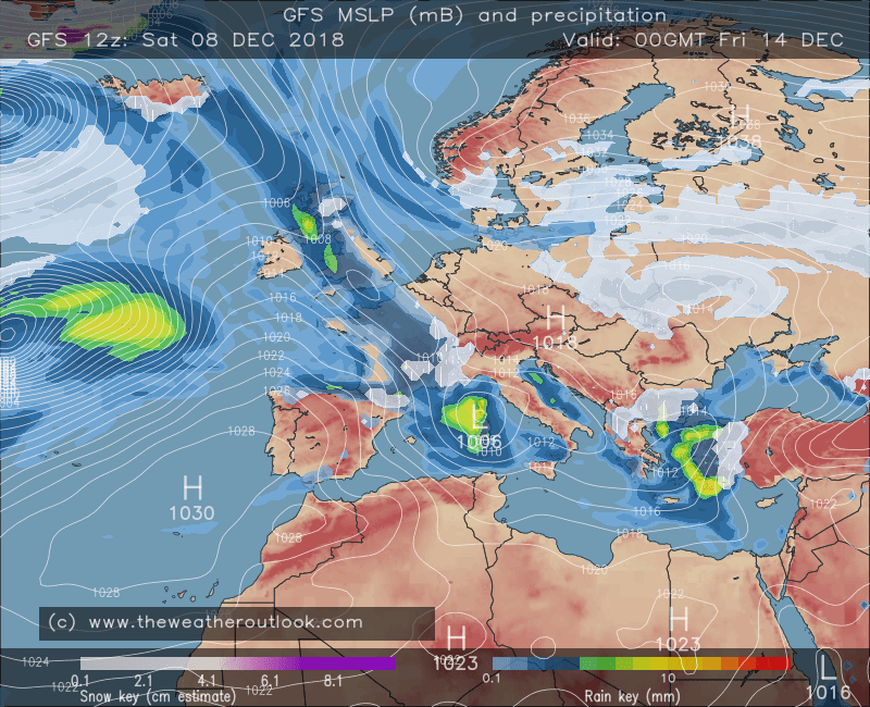 GFS Europe precipitation type and pressure