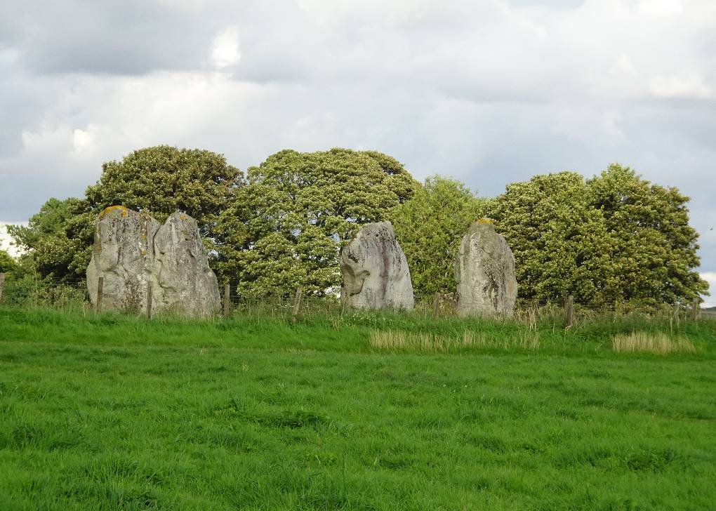 Three of the larger stones, late summer afternoon, breeze turning leaves of trees beyond 30 Aug Avebury, Wilts,S England, sent by slowoldgit